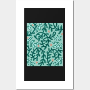 Green leaves and fruits pattern, botanical illustration Posters and Art